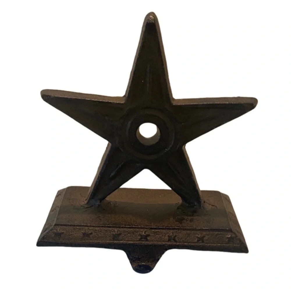 Rustic Star Shaped Metal Decor. Cast Iron Stocking Holder. Brown.